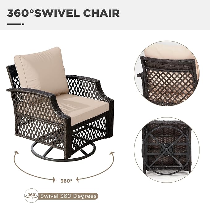 HOMREST 3 Piece Outdoor Swivel Chair Set, Wicker Patio Bistro Set - Image 4