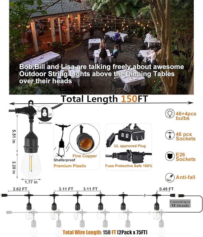 String Lights 150 Ft Outdoor LED Edison Bulbs, Dimmable Warm White