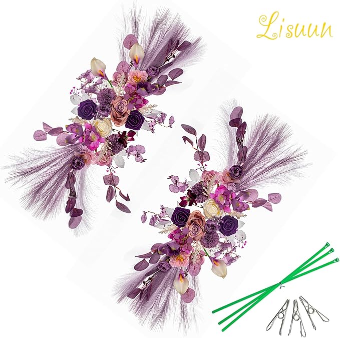 Artificial Wedding Flower Swag, Purple Peony and Pampas, 40 Inch