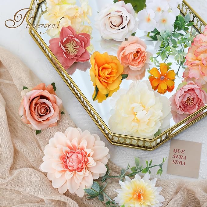 Artificial Flower Set, 26 Pcs Champagne Silk Flowers with Stems