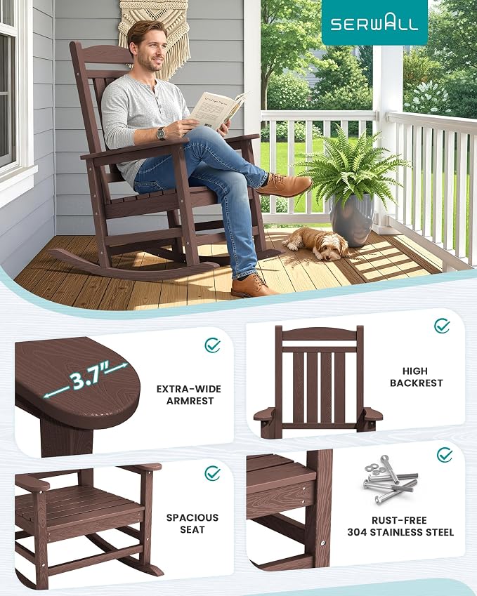 SERWALL HDPE Outdoor Rocking Chair Set of 2, Oversized Patio Rocking Chairs - Image 7