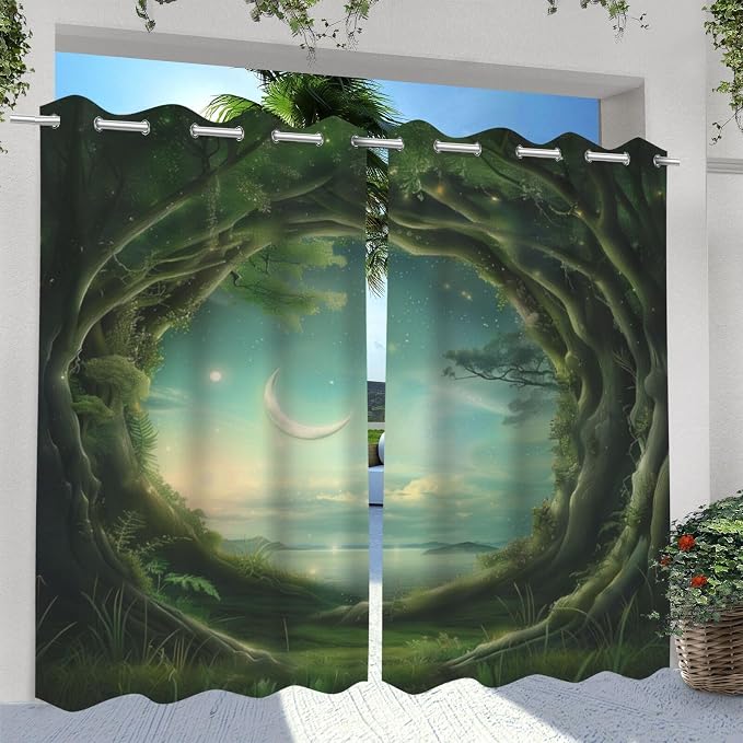 Forest Theme Outdoor Curtains for Patio Waterproof, Trees Moon Lake Pattern - Image 2