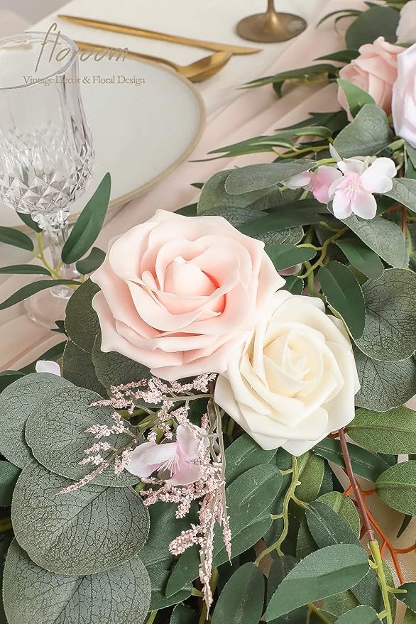 Artificial Flowers Garland, 6 Ft Blush and Cream Eucalyptus Vine