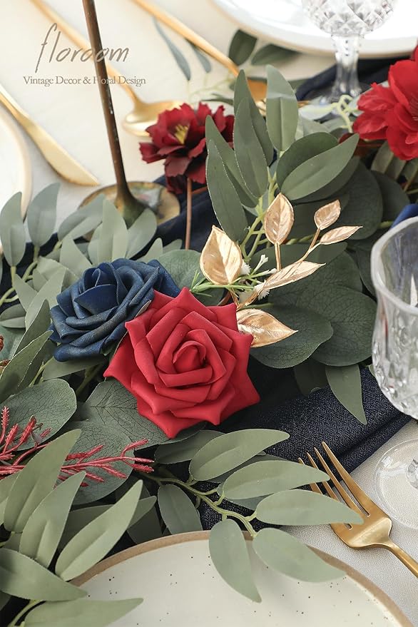 Artificial Flower Garland, 6 Ft Faux Silk Vine in Navy and Burgundy