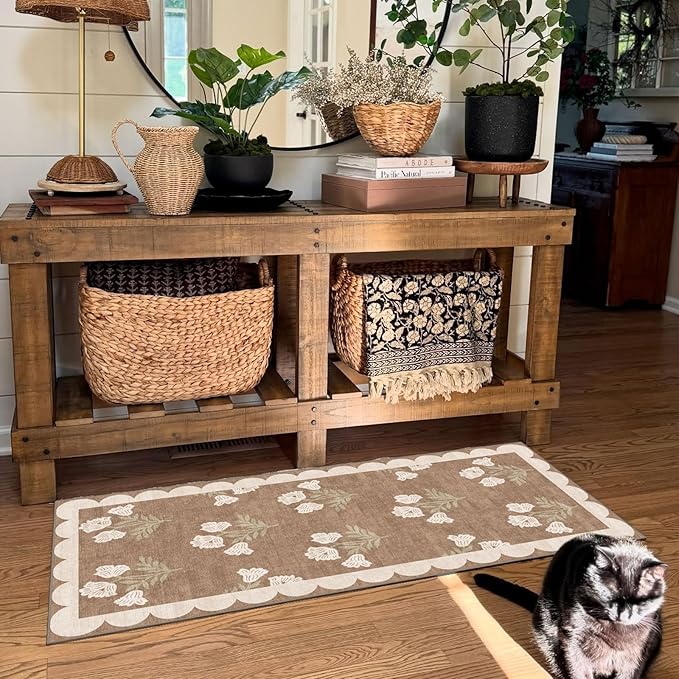 Outdoor Rug Floral Entryway Mat, Tan, 2 x 4.3 Ft, Non-Slip Backing