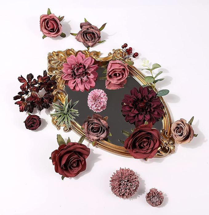 Artificial Flowers Burgundy Faux Silk Dahlia Set, 25 Pcs with Green Leaves