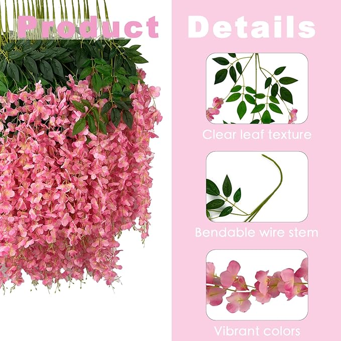 Artificial Wisteria Flowers 48 Pack Pink Plastic Hanging Vines