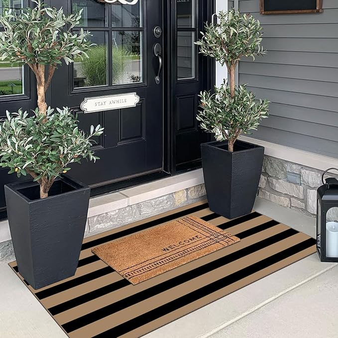Outdoor Rug Striped Door Mat with Non-Slip Backing, 2 x 4 Ft
