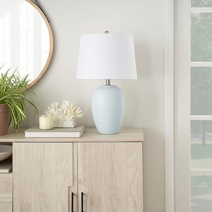 Table Lamp, Light Blue Painted Ceramic Base, White Shade, 3-Way Switch