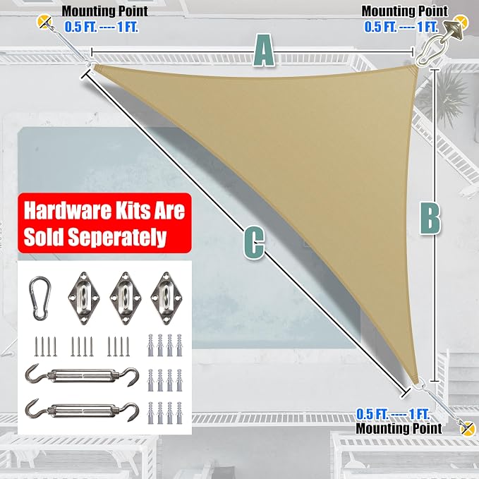 Amgo 12' x 12' x 17' Beige Right Triangle Sun Shade Sail UPF50+ Canopy Awning - Image 8