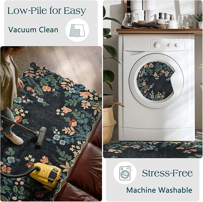 Outdoor Rug 3x5 Ft Black Floral Washable Non-Slip Entry Mat