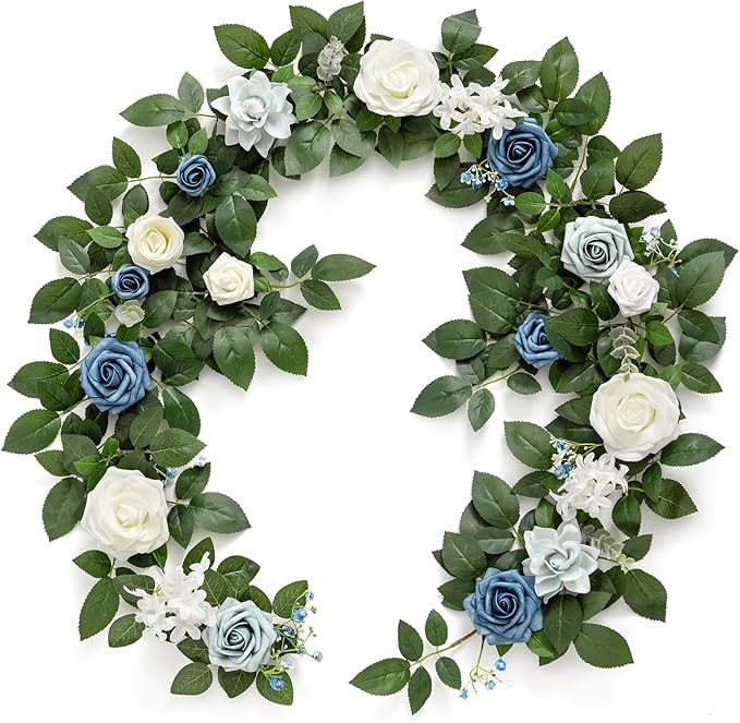 Artificial Flower Garland, 5 Ft Dusty Blue Rose Vine with Leaves