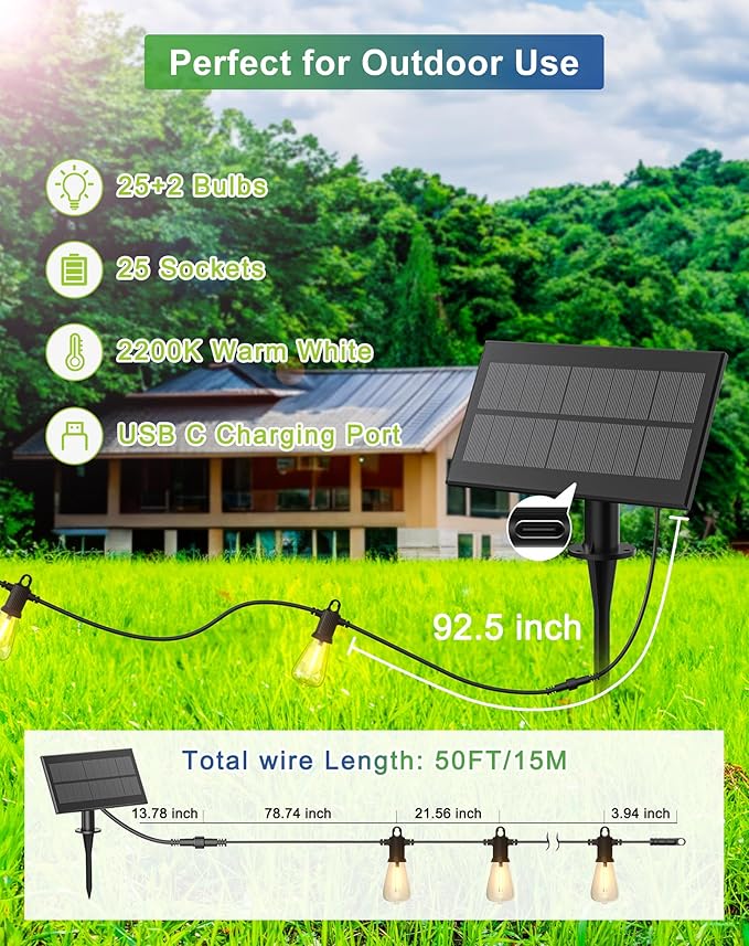 Solar String Lights 50FT Black Outdoor IP65 Edison Bulbs