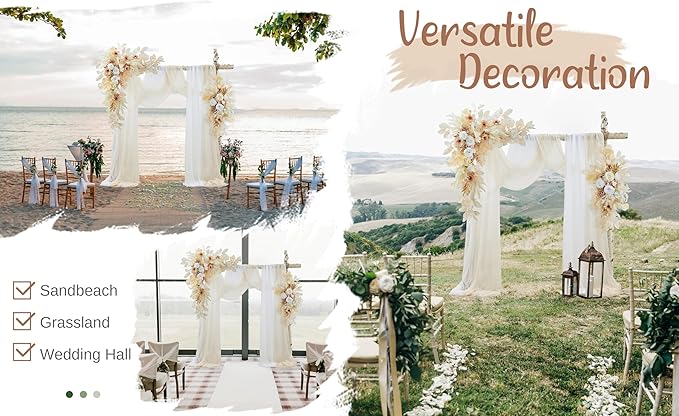 Artificial Flowers Wedding Arch Kit, Beige Silk Roses with Sheer Drapes