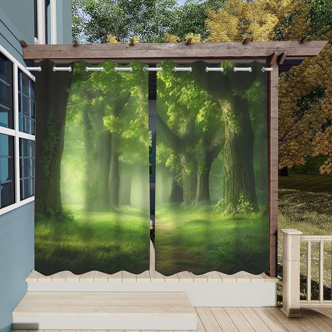 Waterproof Outdoor Curtains, Green Tree Print, Set of 2 Panels