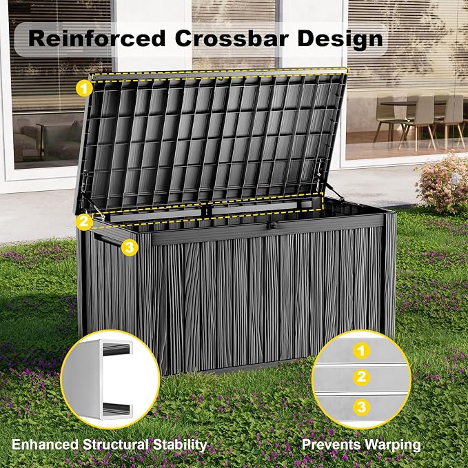 Deck Box, 200 Gallon Black Resin Outdoor Storage with Lockable Lid