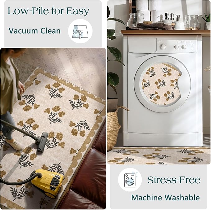 Outdoor Rug, 3x5 Beige Floral Entry Mat, Machine Washable