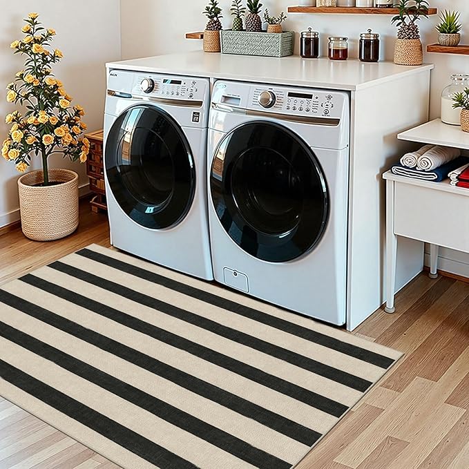 Outdoor Rugs, Black and White Striped Polyester Entry Mat, 3 x 5 ft