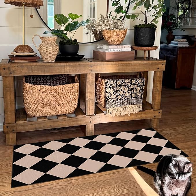 Outdoor Rug Door Mat, Black and Tan Checkered, 2 x 4.3 Ft