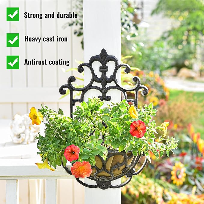 Hanging Planters: Rustic Brown Cast Iron Half Round Wall Baskets, Set of 2
