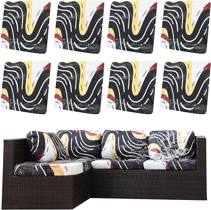 Outdoor Cushion Covers 8 Pack, Stretch Fit Black River Pattern