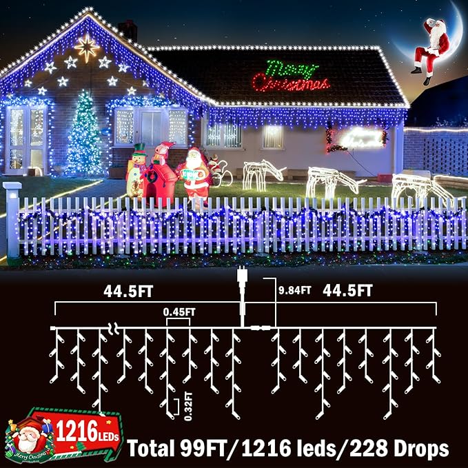 String Lights, 1216 LED, 99 ft, Blue, 8 Modes, Indoor/Outdoor