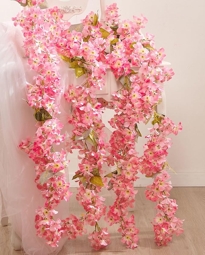 Artificial Flowers Hydrangea Vine, Dark Pink Silk, 2 Vines, 5.6 Ft