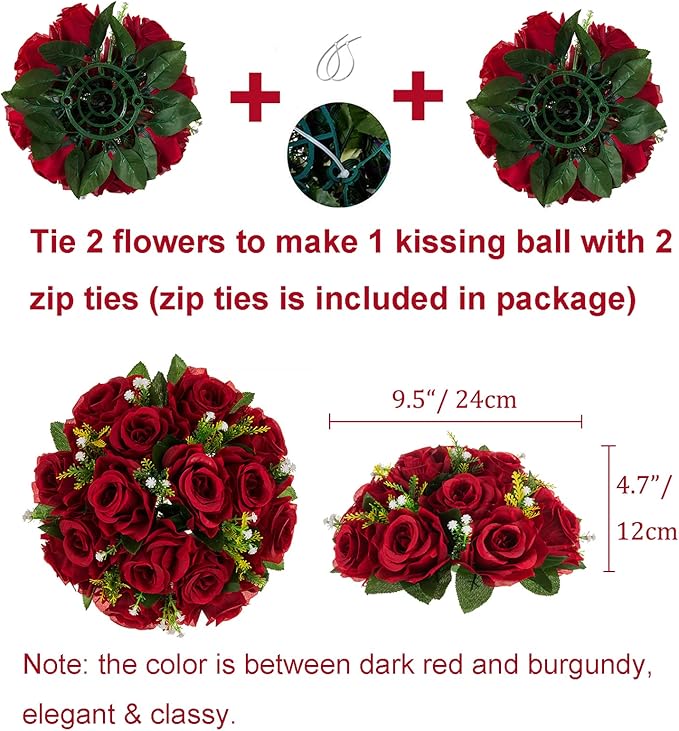 Artificial Rose Flower Ball, Crimson Faux Silk, Zip Ties Included
