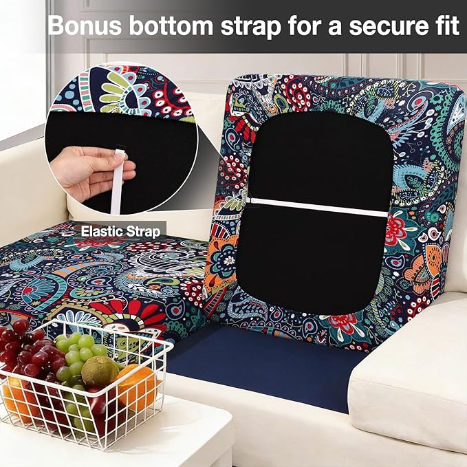 Cushion Covers, 4-Piece Paisley Stretch Set with Non-Slip Straps