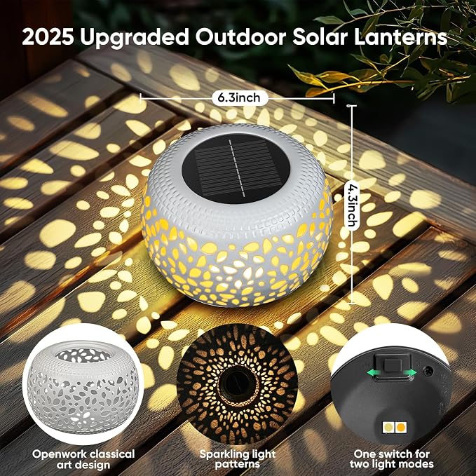 Solar Lanterns Outdoor Waterproof: 2 Pack White Hollow Out Metal Solar Lights - Image 4
