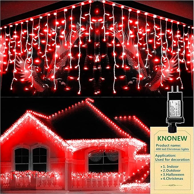 String Lights, 400 LED, 33 ft Red Outdoor Christmas Decor, 8 Modes
