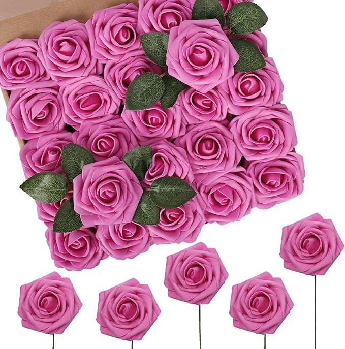 Artificial Flowers Hot Pink Foam Roses with Wire Stems, 50 Pcs
