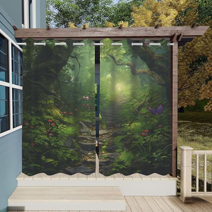 Outdoor Curtains, Waterproof Green Forest Pattern, Set of 2 Panels