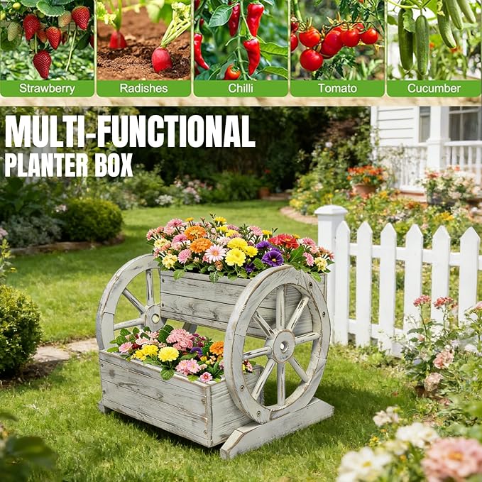 NestNature Wooden Wagon Planter Box, Raised Garden Bed, Decorative Garden - Image 3
