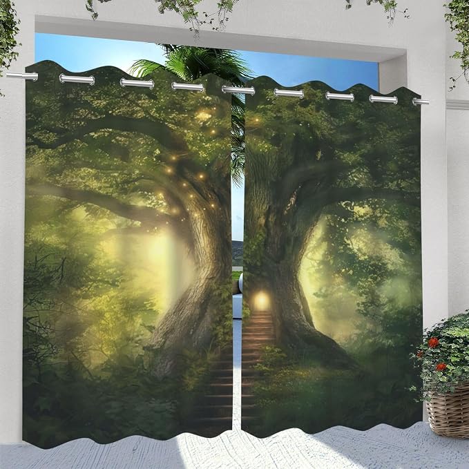 Fantasy Theme Waterproof Indoor/Outdoor Curtains, Forest Pattern, Grommet - Image 2