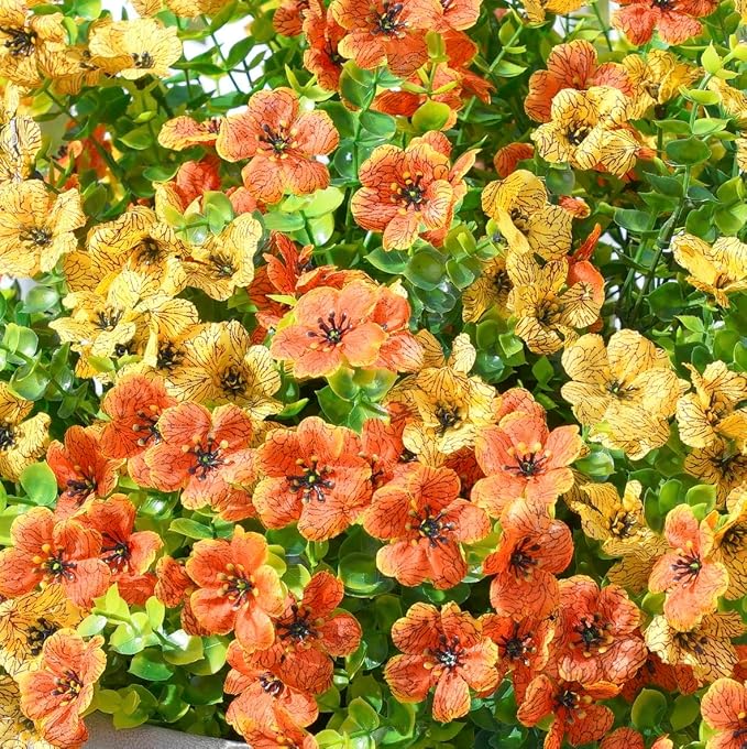 Artificial Daisy Flowers, 12 Bundles, Orange-Yellow with Eucalyptus Leaves