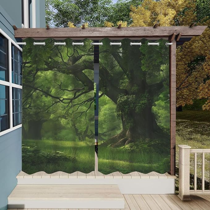 Outdoor Curtains, Waterproof Forest Pattern Grommet Panels, Set of 2