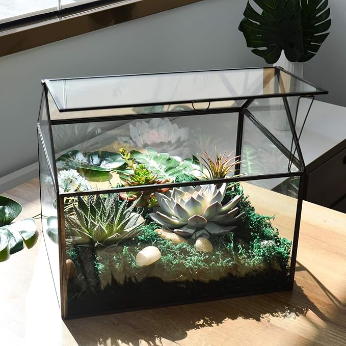 Terrarium, Large Black House-Shaped Glass Planter with Swing Lid