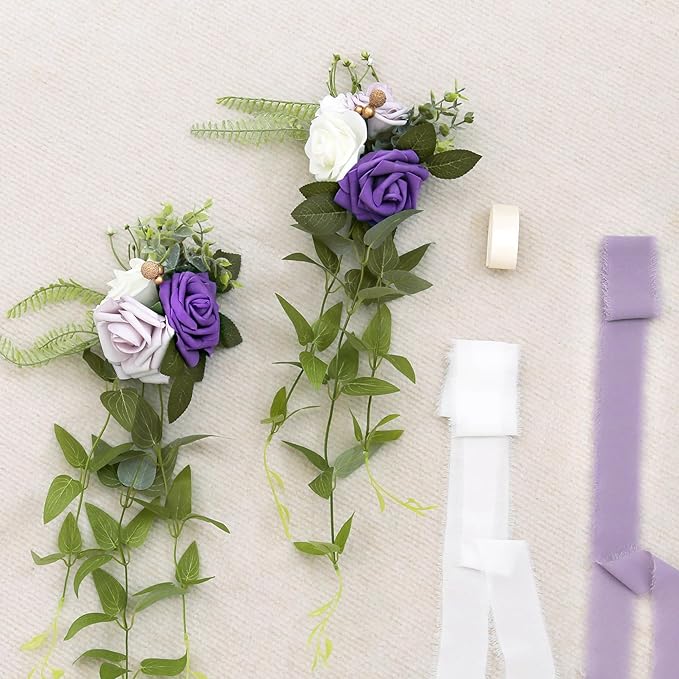 Artificial Flowers, Set of 10 Purple Rose Pew Decor for Aisle Chairs