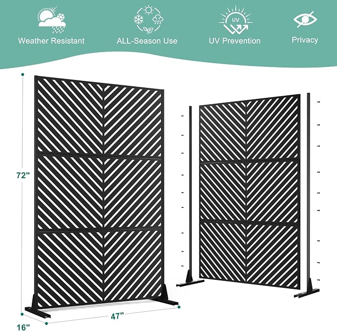 Decorative Fence Privacy Screen, Black Metal, 72 x 47 Inch