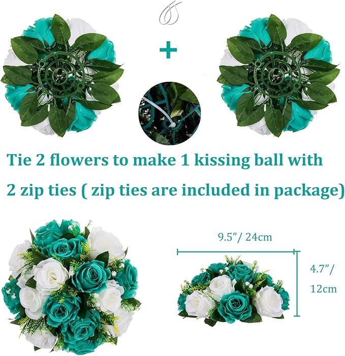 Artificial Flowers: Teal and White Silk Rose Ball Centerpieces