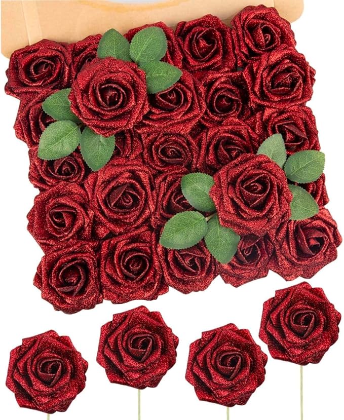 Artificial Flowers: Glitter Red Foam Roses, 3-Inch Heads, 8.2-Inch Stems