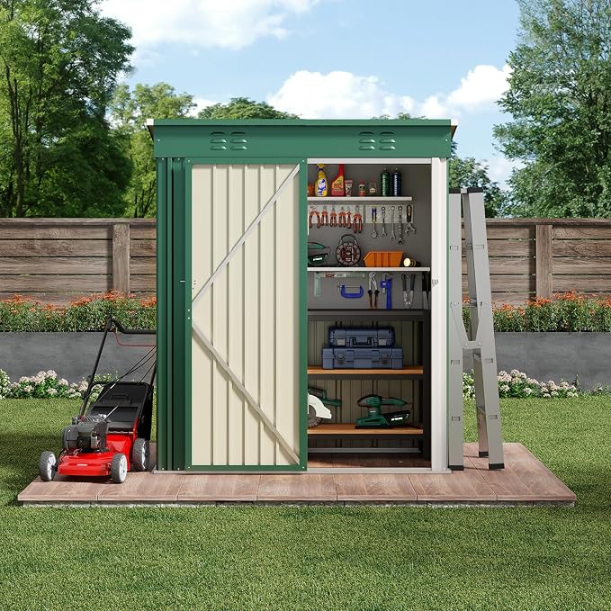 Storage Shed, 5' x 3' Green Metal Outdoor Cabinet with Lockable Door