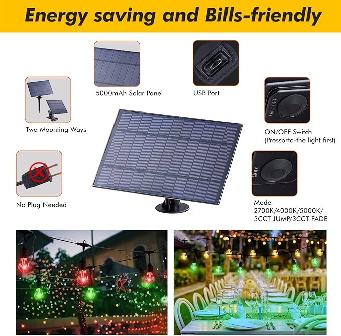 String Lights Solar Powered Outdoor 35 FT with 8 Colors and 6 Modes