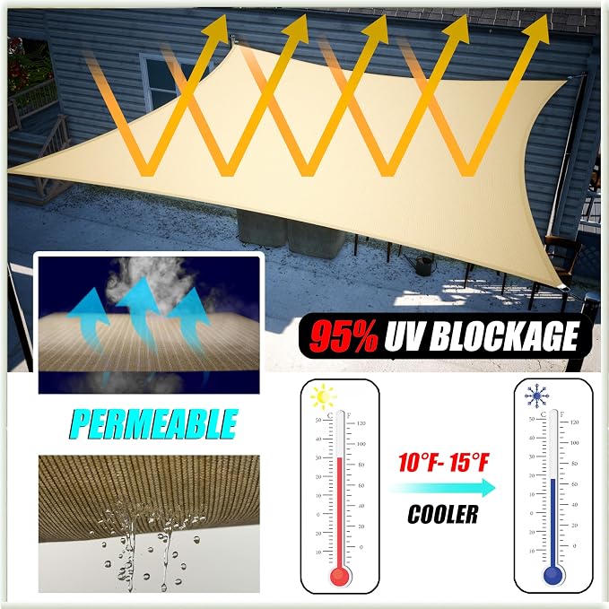 Amgo Custom Size 16' x 17' x 23.3' Sand Beige Right Triangle Sun Shade Sail - Image 5