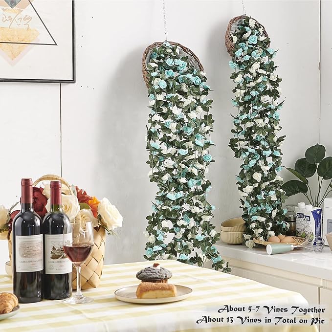 Artificial Flowers Rose Vine Garland, 8 Pack, 8.2 Ft Each, Blue and White