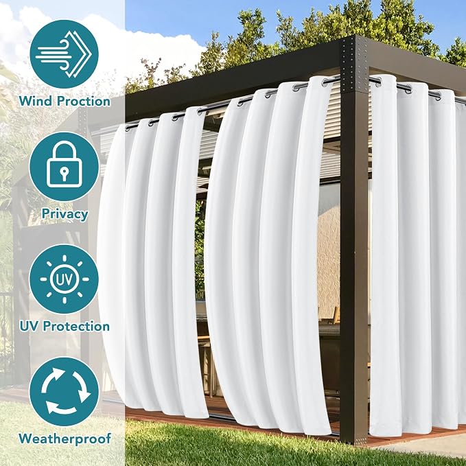 Outdoor Curtains 54x120 Inch White Waterproof 4 Panel Set