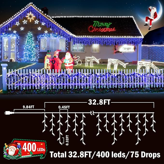String Lights – 400 LED, 33 ft, Blue, 8 Lighting Modes for Outdoor Use