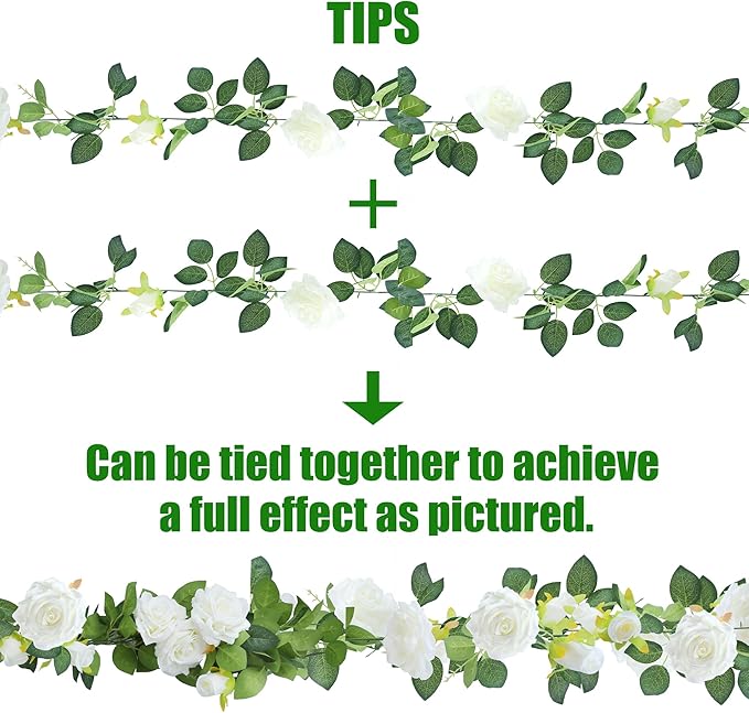 Artificial Rose Vine Garland, 6 Pack, Approx 7.75 Ft White Silk Flowers