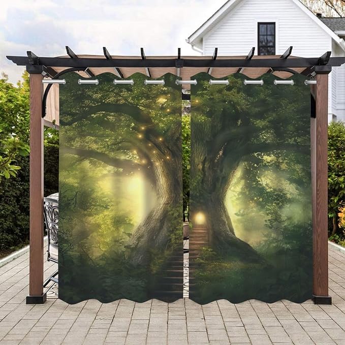 Fantasy Theme Waterproof Indoor/Outdoor Curtains, Forest Pattern, Grommet by Lirduipu
